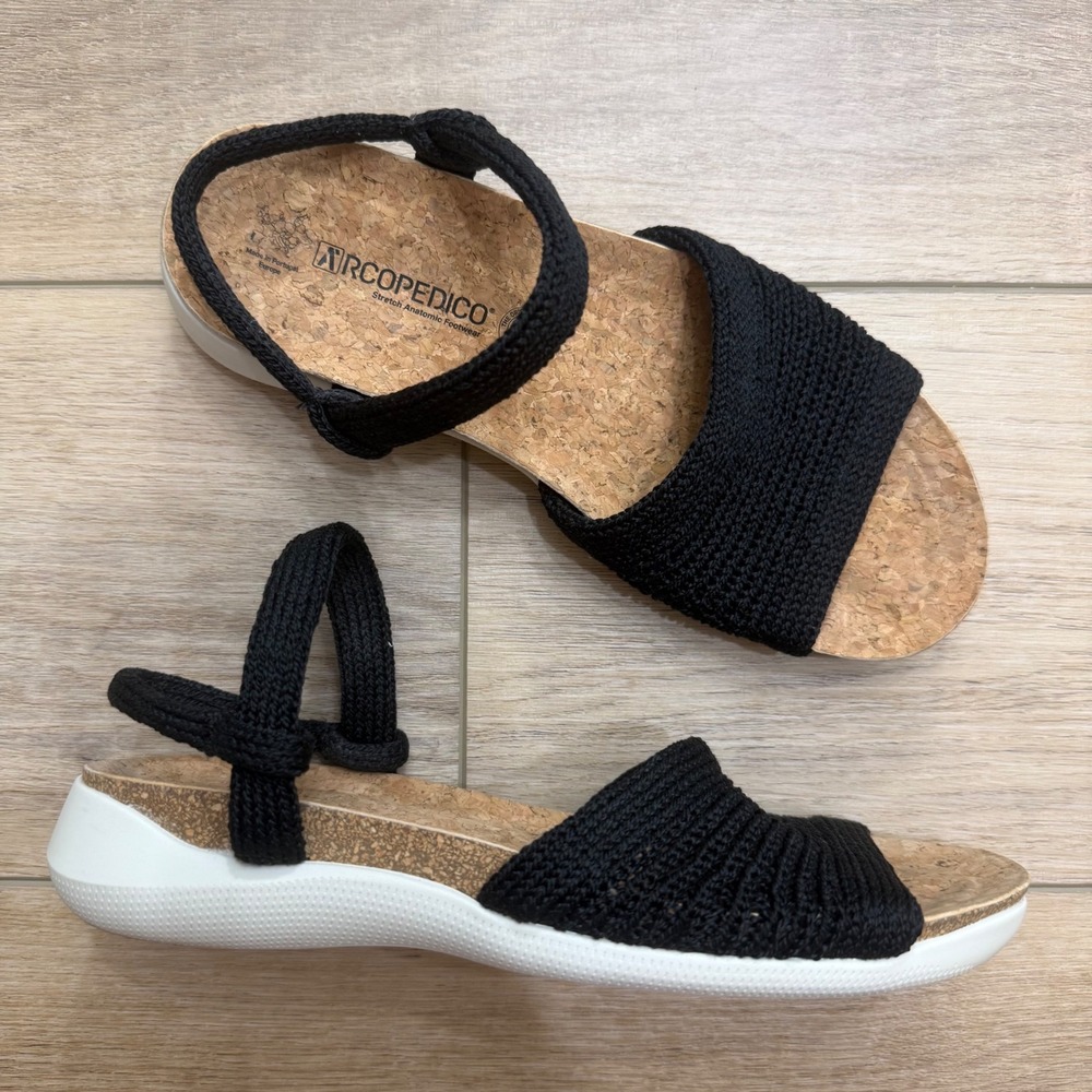 Arcopedico Arenal Black Knit Cork Footbed Comfort Sandals 37 Slip on Portugal